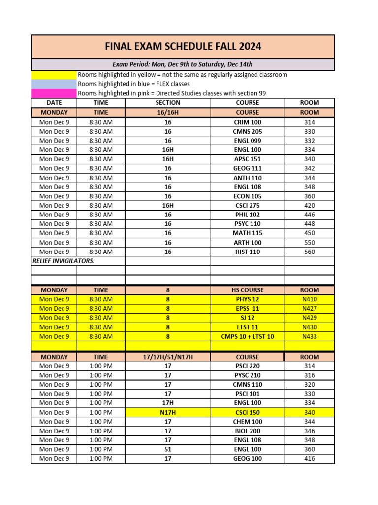 Fall 2024 Final Exam Schedule Updated Oct 29 PDF