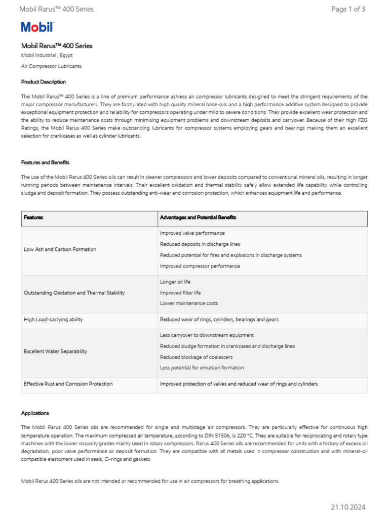 GL XX Mobil Rarus 400 Series | PDF | Lubricant | Mechanical Engineering