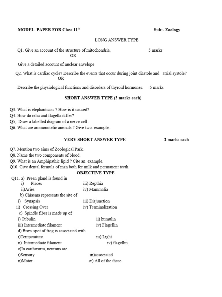 Class 11 Zoology Model Paper Guide | PDF | Science & Mathematics