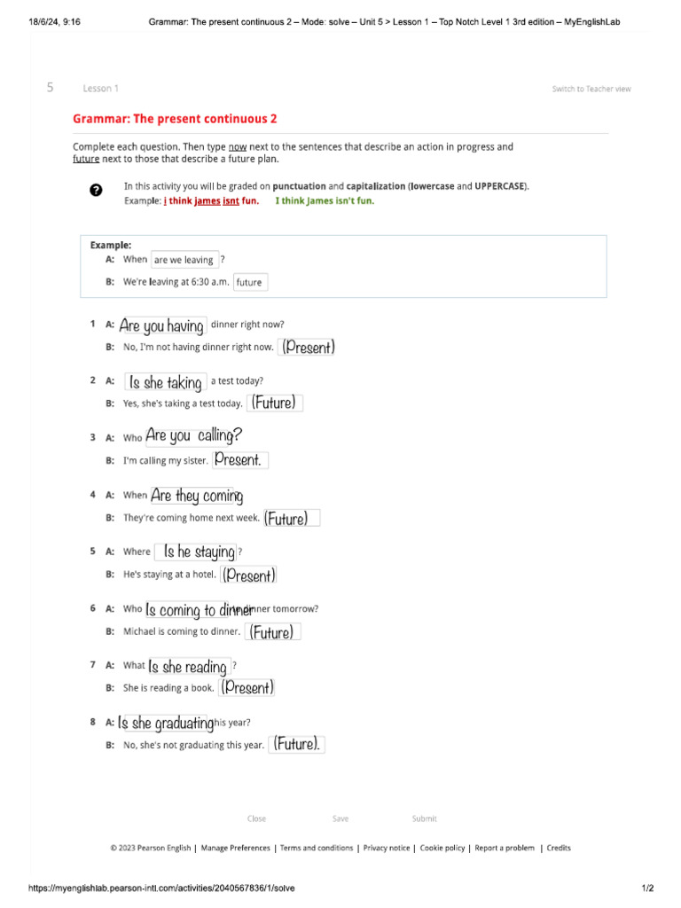 Grammar The Present Continuous 2 TN 1 Unit 5 Lesson 1 | PDF