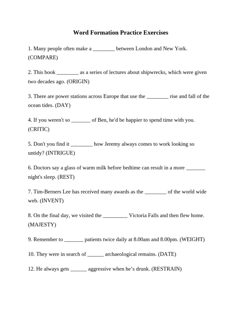 Word Formation Exercises with Answers | PDF | Young Adult