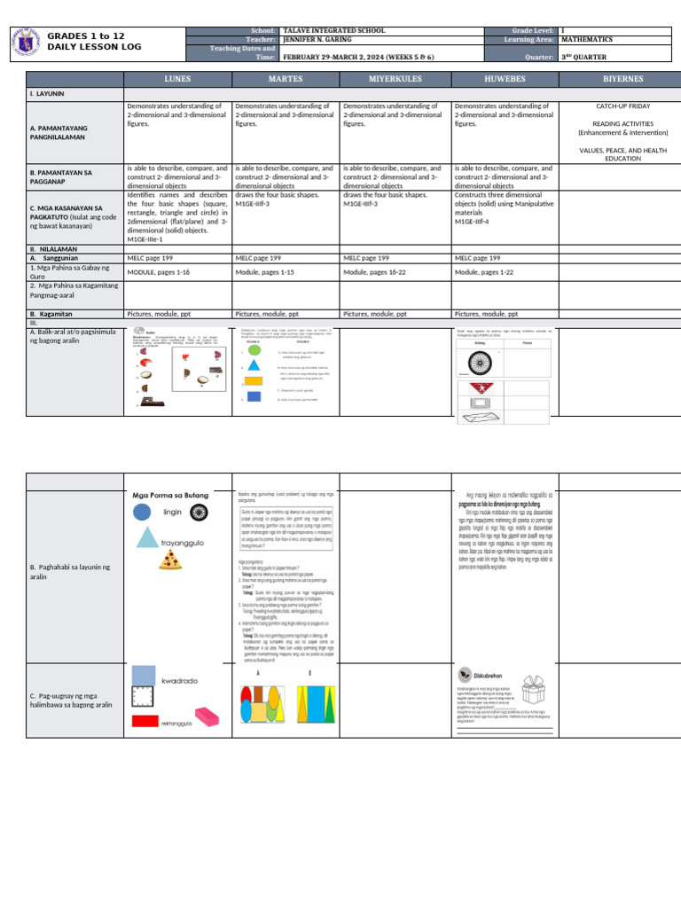 Grade 1 Mathematics Lesson Plan | PDF | Shape | Learning