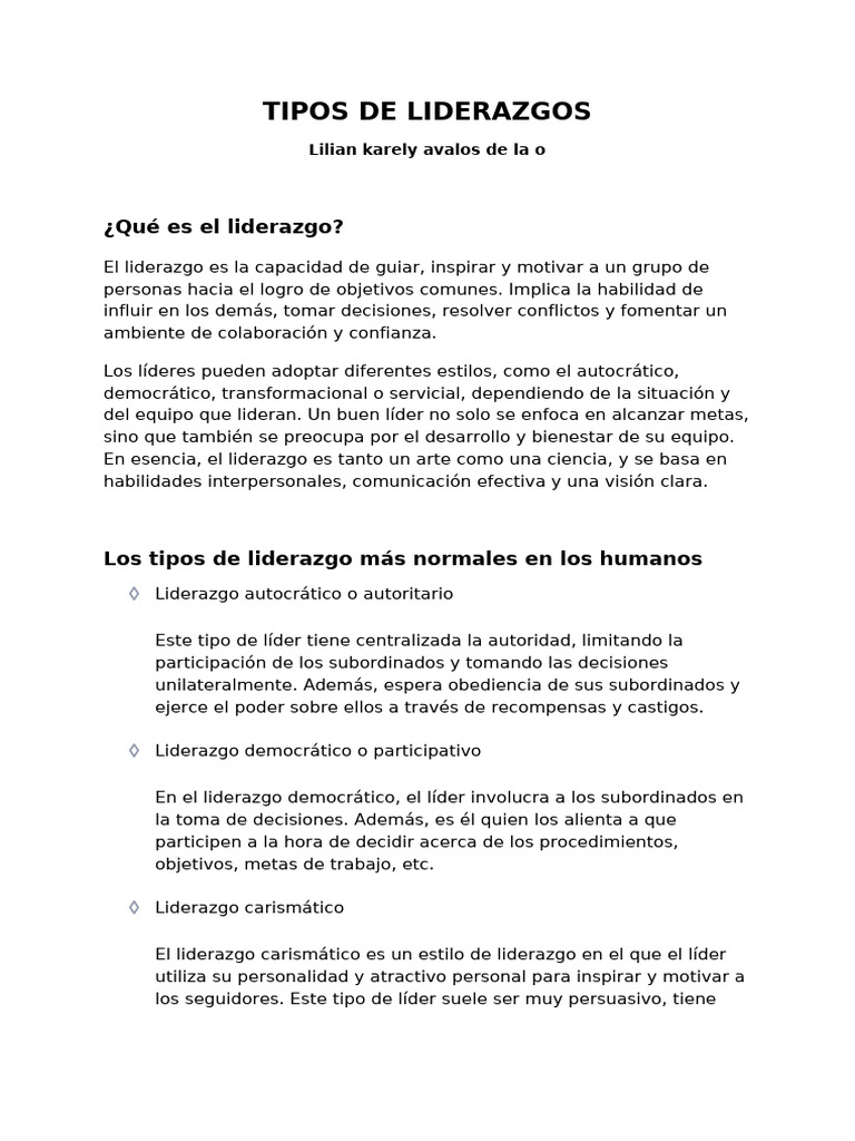 Tipos de Liderazgo y sus Estilos | PDF | Liderazgo | Ciencias del ...