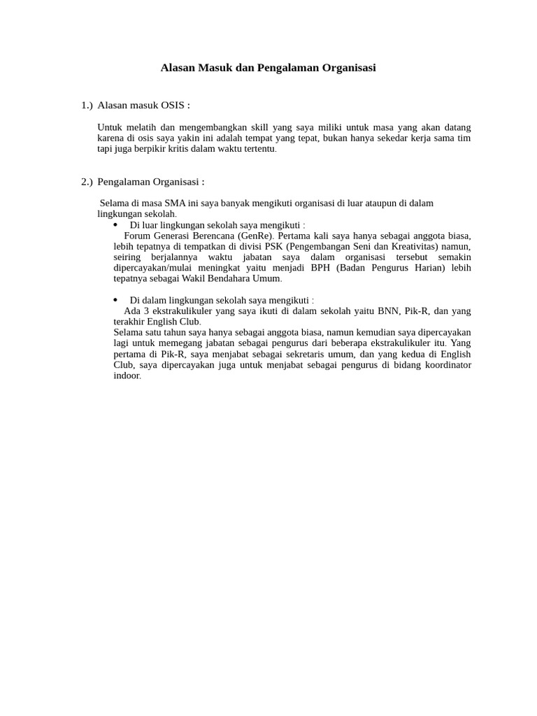 Alasan Masuk Dan Pengalaman Organisasi PDF Karier Perkembangan