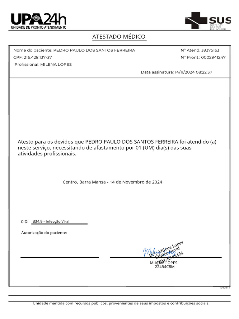 Atestado Médico para Afastamento por Virose | PDF