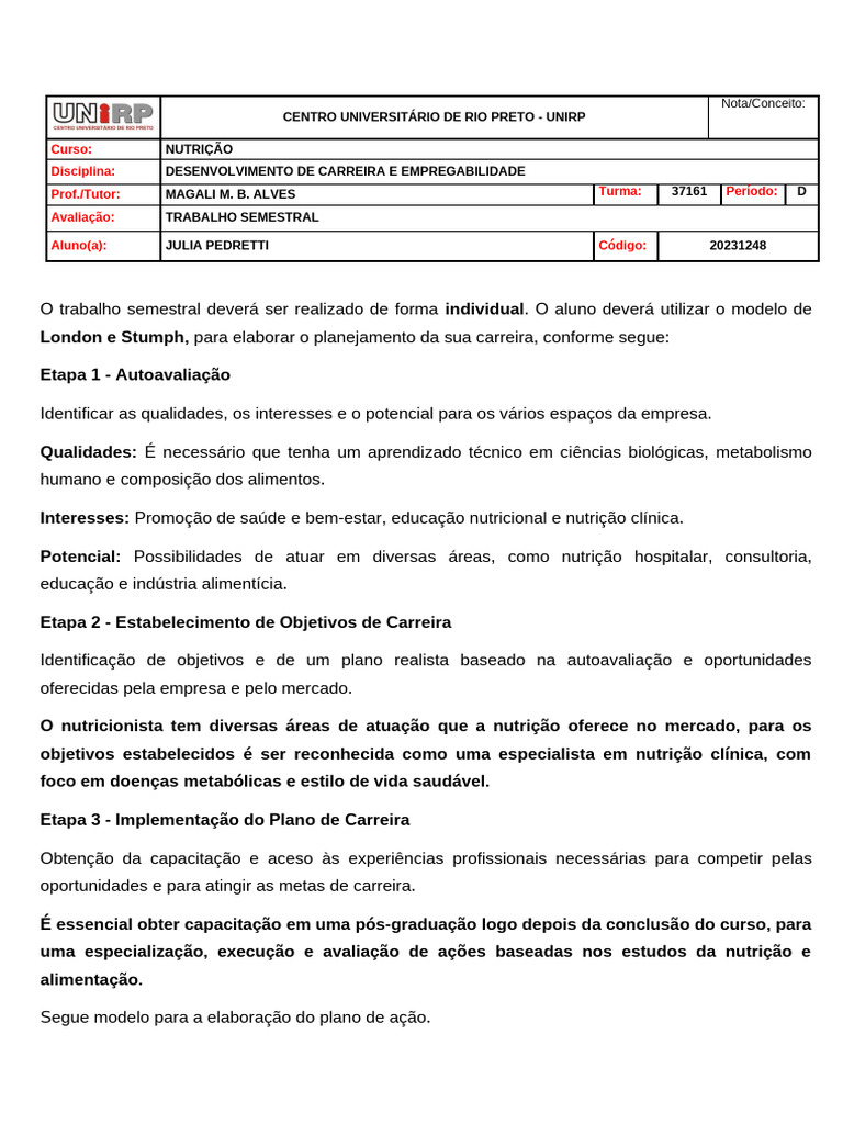 Plano de Carreira em Nutrição | PDF | Carreira e Crescimento | Bem-estar