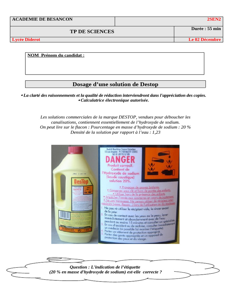 Dosage de Destop et acide chlorhydrique | PDF | Hydroxyde de sodium ...