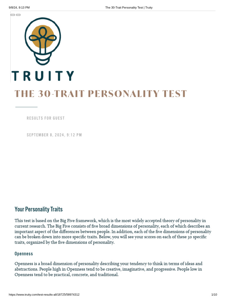 Truity's Big Five Personality Test | PDF | Extraversion And ...