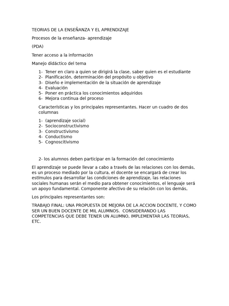Teorías de Enseñanza y Aprendizaje PDA | PDF