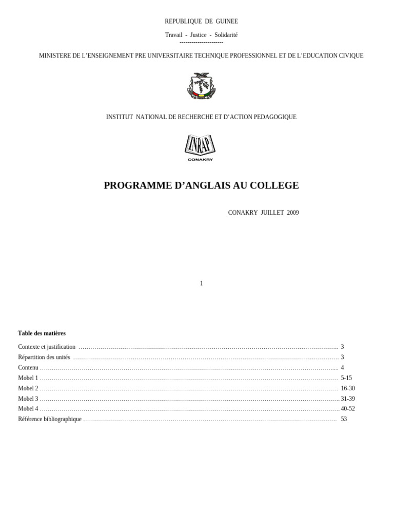 Programme d'Anglais au Collège en Guinée | PDF | Langue anglaise ...