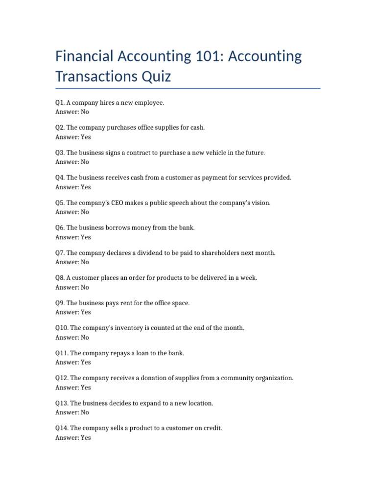 Accounting Transactions Quiz Answers | PDF