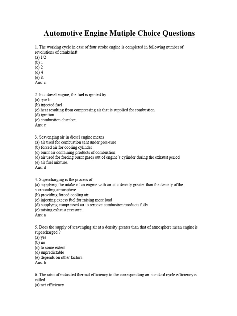 Automotive Engine MCQs for Students | PDF | Internal Combustion Engine ...