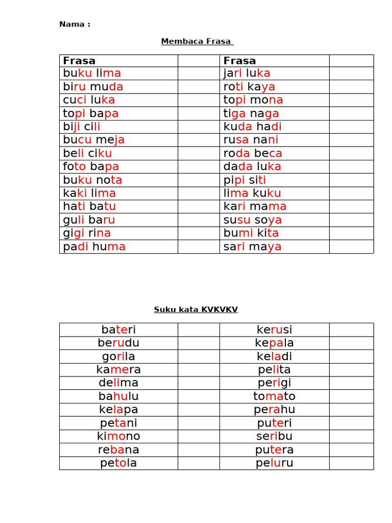 Frasa dan Suku Kata dalam Bahasa Melayu | PDF