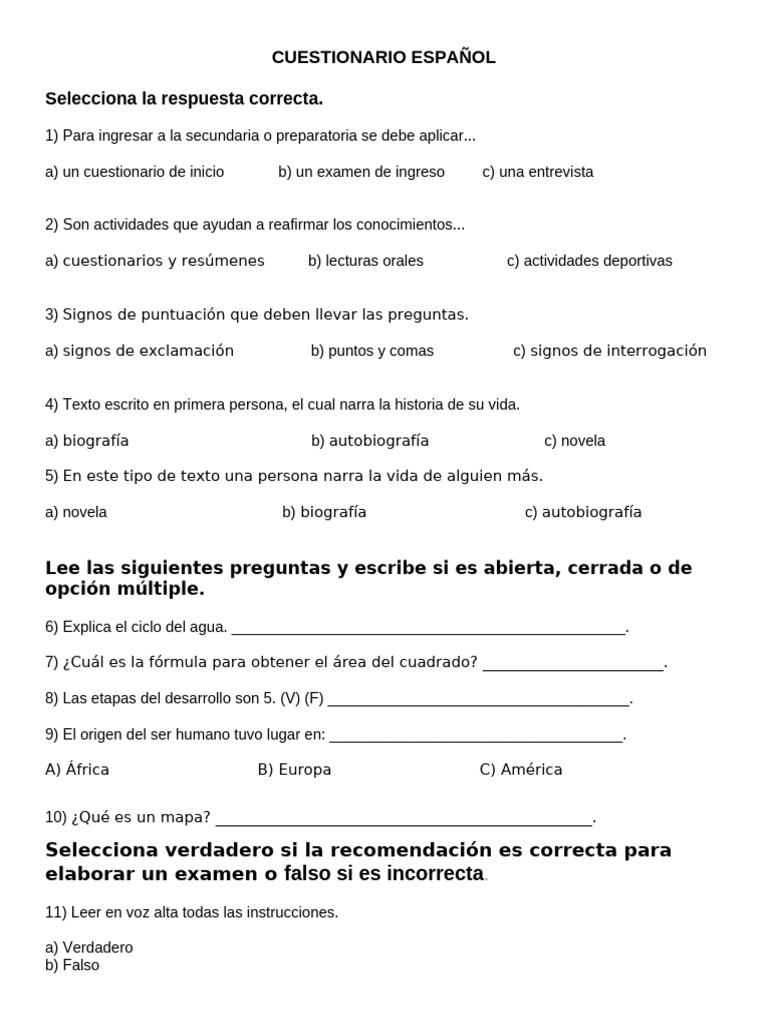 Cuestionario de Evaluación en Español | PDF | Artes del Lenguaje y ...