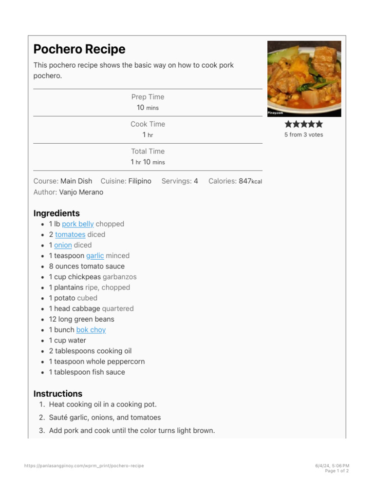 Pork Pochero Recipe Filipino Style | PDF | Cooking | Fat