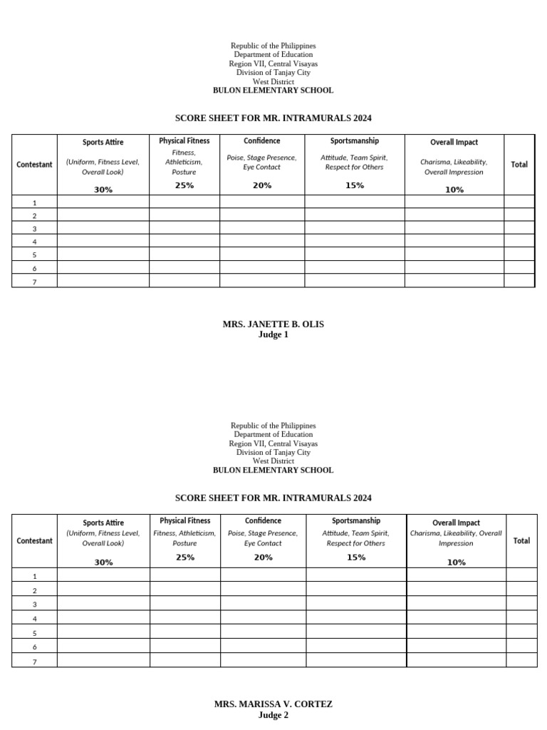 Score Sheet Mr. & Ms. Intrams | PDF | Physical Exercise | Physical Fitness