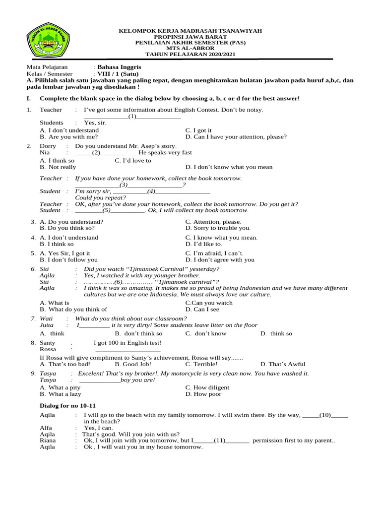 English Test Dialog Completion | PDF