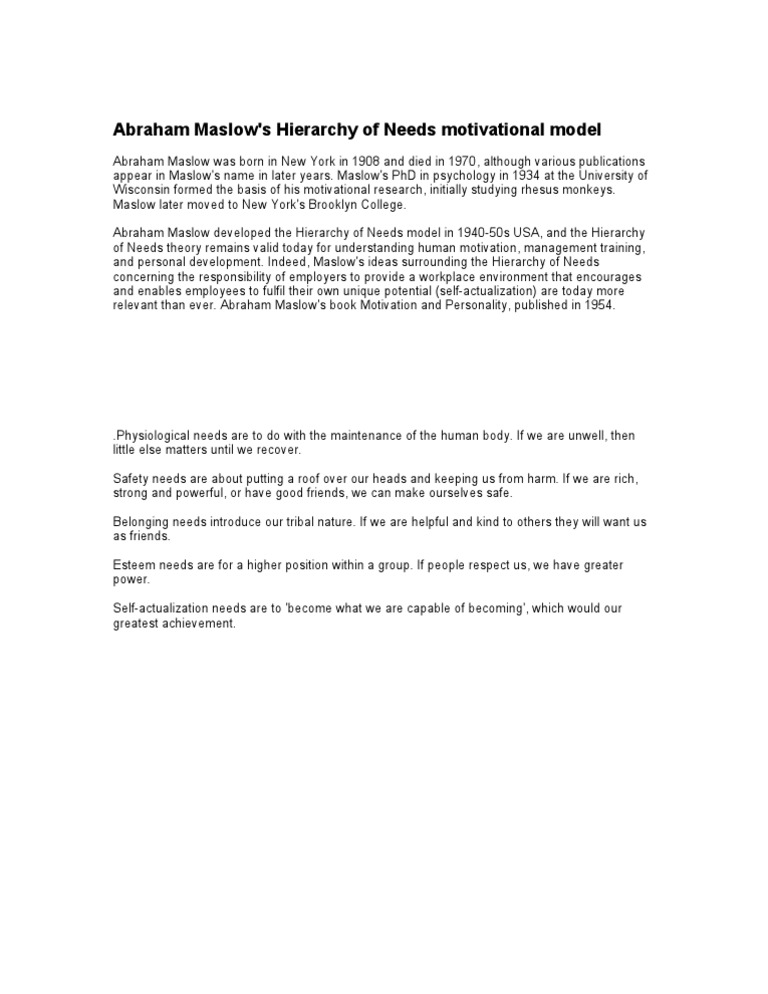 Abraham Maslow's Hierarchy of Needs Motivational Model | PDF | Science ...