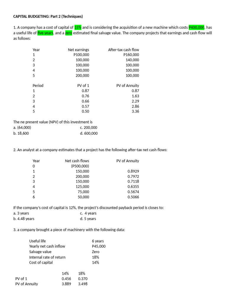 Capital Budgeting Techniques Explained | PDF | Capital Budgeting ...
