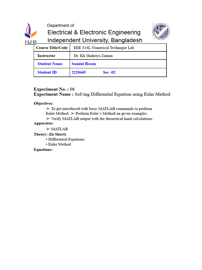 Solving Differential Equation Using Euler Method EEE 314L-06 (2220445 ...
