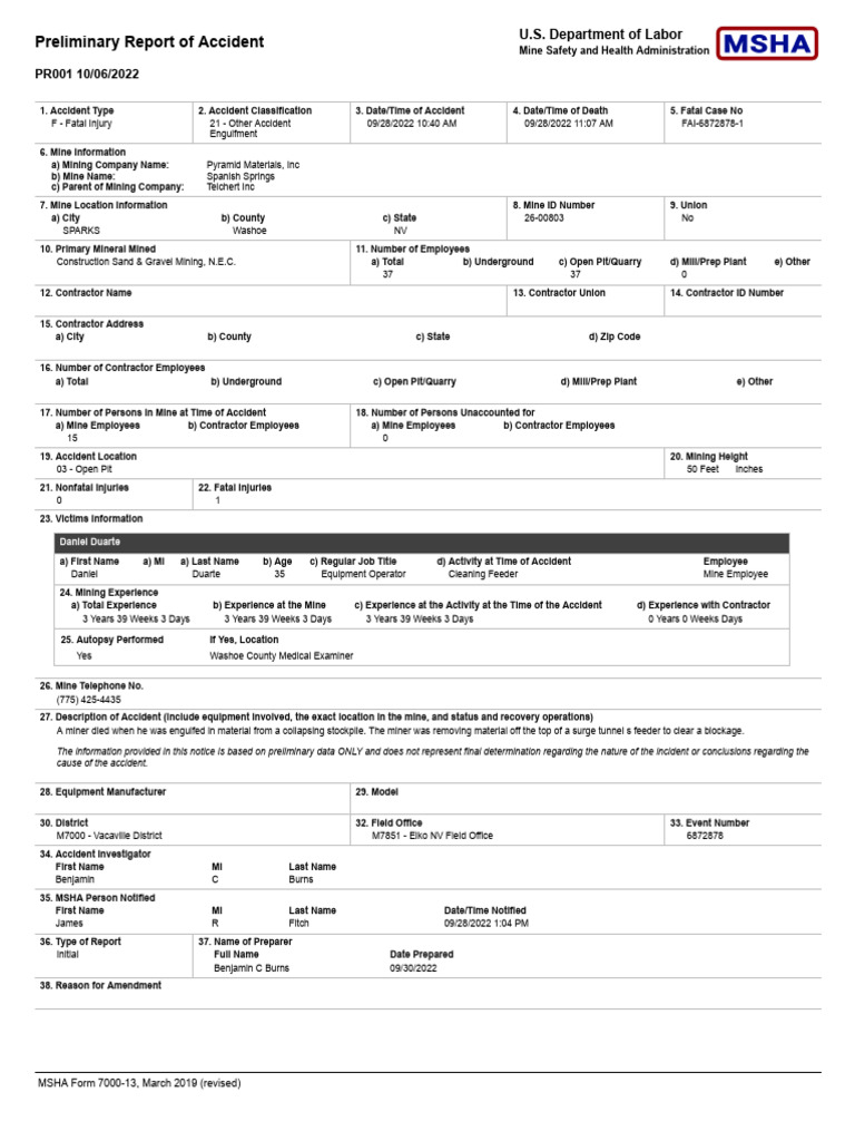Preliminary - Report - September 28 2022 Fatality | PDF | Mining ...