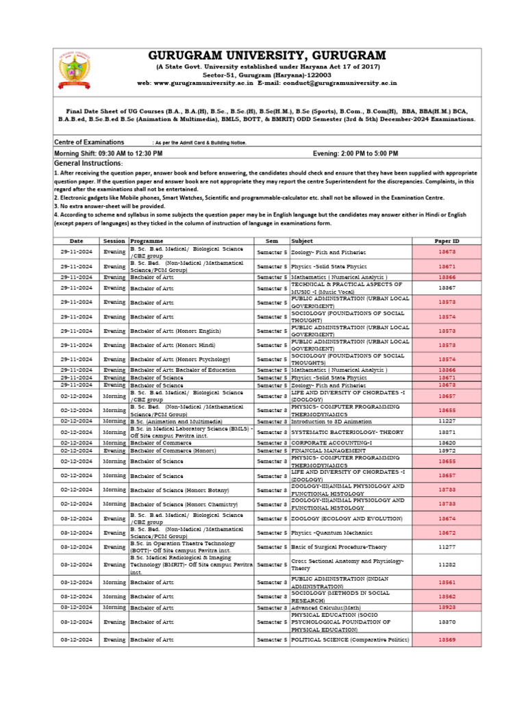 Gurugram University UG Exam Date Sheet | PDF | Science | Zoology