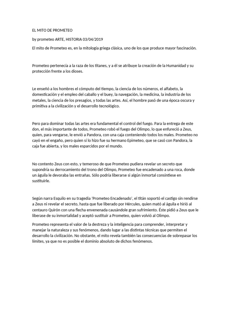 El Mito de Prometeo: Resumen y Significado | PDF | Prometeo