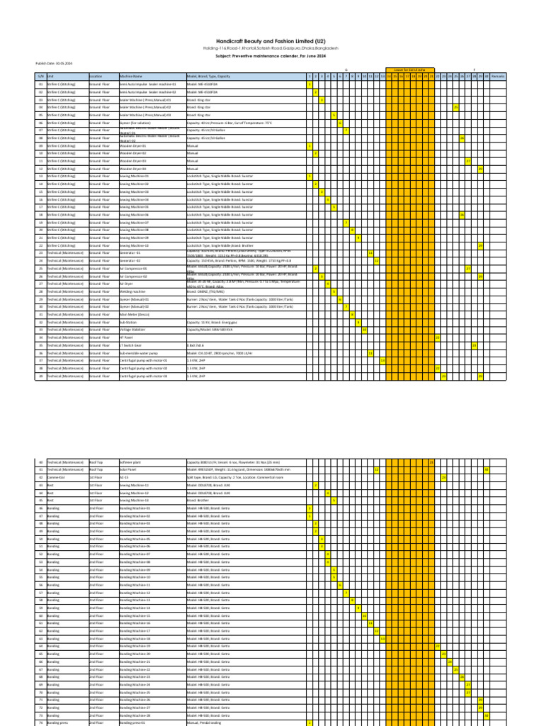 Preventive Maintenance Calender For June, 2024 | PDF