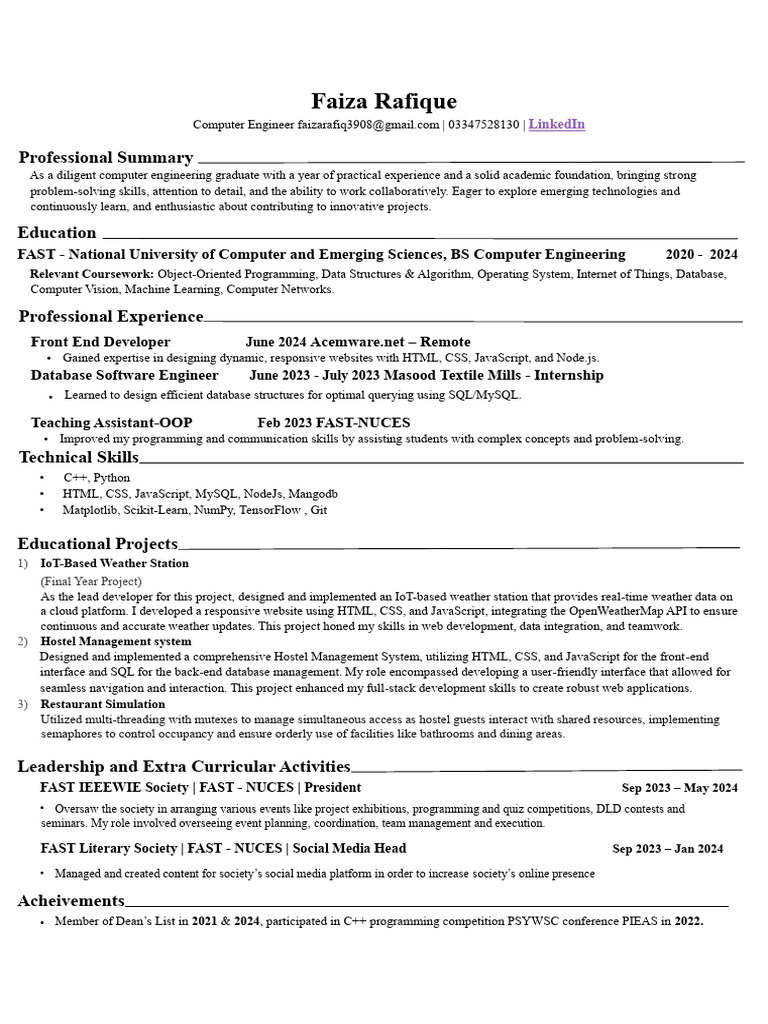 Faiza Rafique: Computer Engineer Profile | PDF | Databases | Web ...