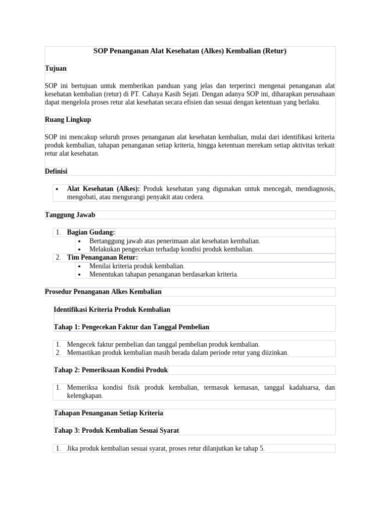 8.1 SOP Penanganan Alat Kesehatan Kembalian (Retur) | PDF | Pengelolaan ...