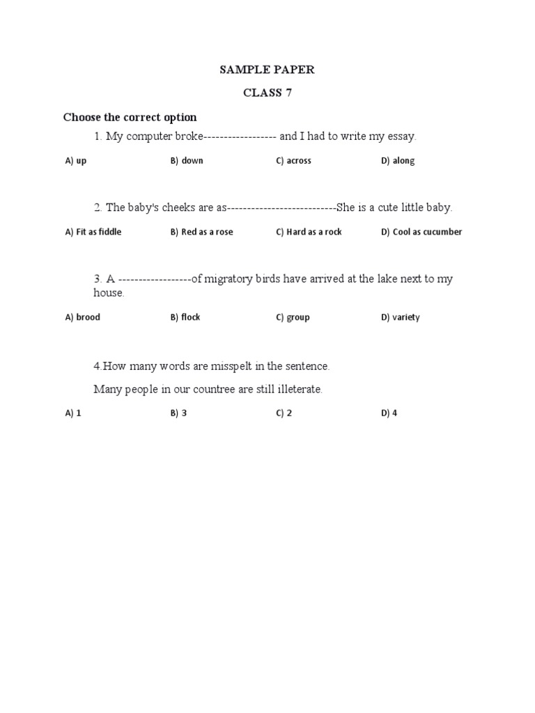 Sample Paper Class 7 Choose The Correct Option A) Up B) Down C) Across