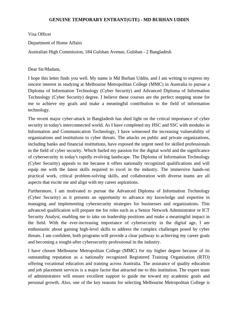 GTE Statement for Australian Study Visa | PDF | Computer Security ...