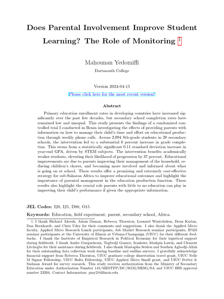 Impact of Parental Involvement on Education | PDF | Literacy | Schools