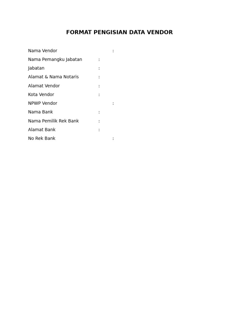 Contoh Format Data Vendor | PDF | Pengelolaan Keuangan & Uang | Hukum