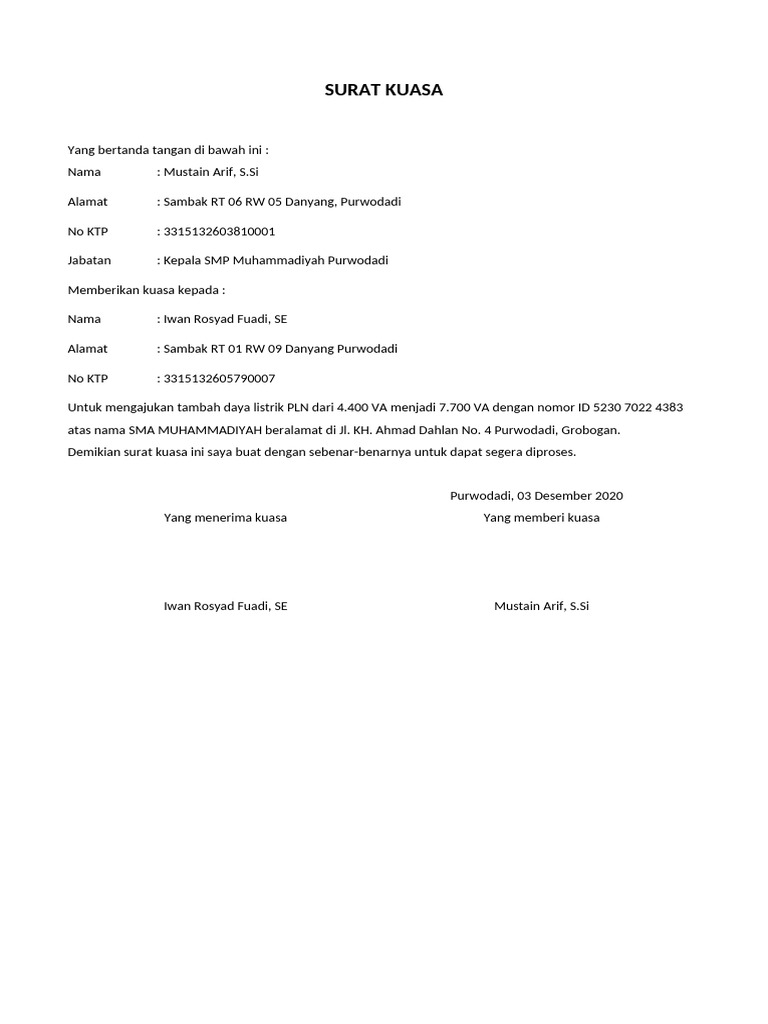 Surat Kuasa Tambah Daya PLN | PDF