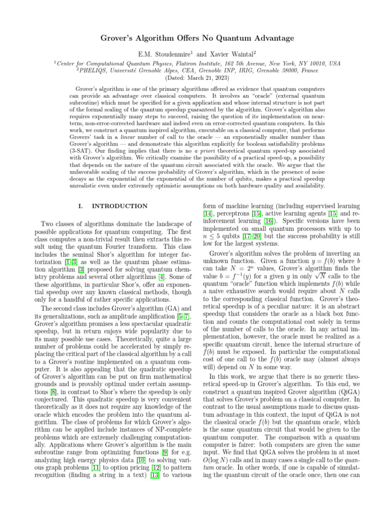 Grover's Algorithm No Offers Quantum Advantage | PDF | Quantum ...