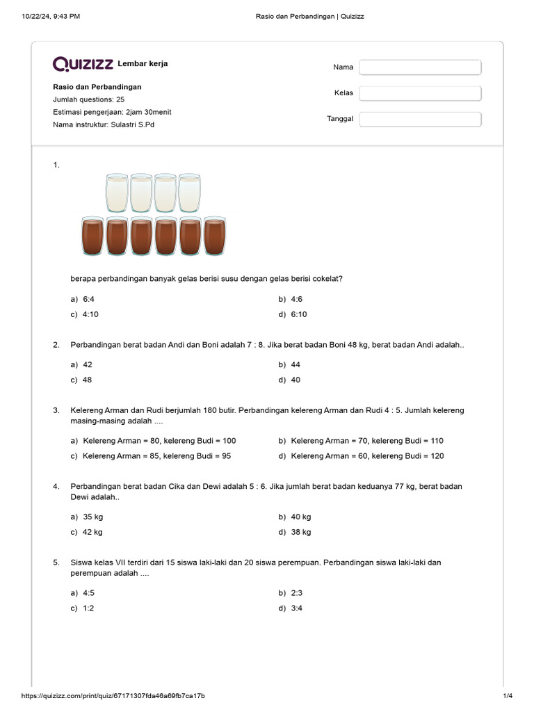 Lembar Kerja Rasio dan Perbandingan | PDF