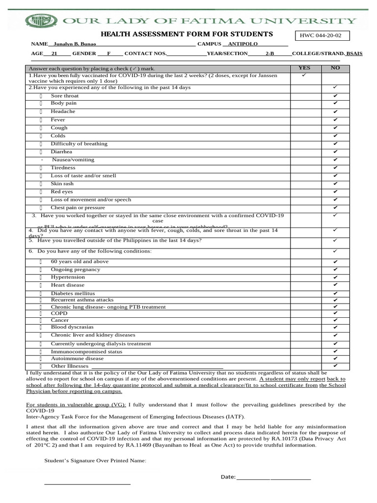 Student Health Assessment Form | PDF | Chronic Condition | Common Cold