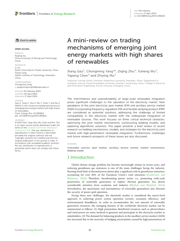A Mini Review On Trading Mechanisms of Emerging Joint Energy Markets ...