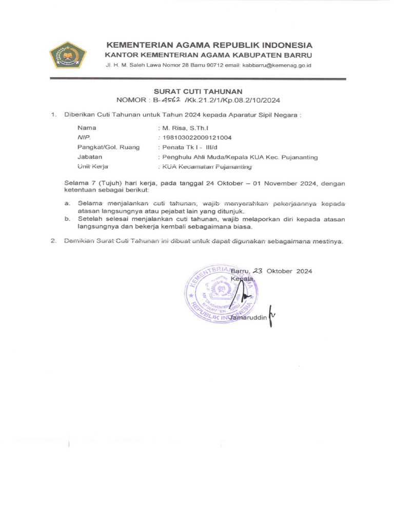 SURAT CUTI TAHUNAN An. M.RISA, S.Th.I | PDF