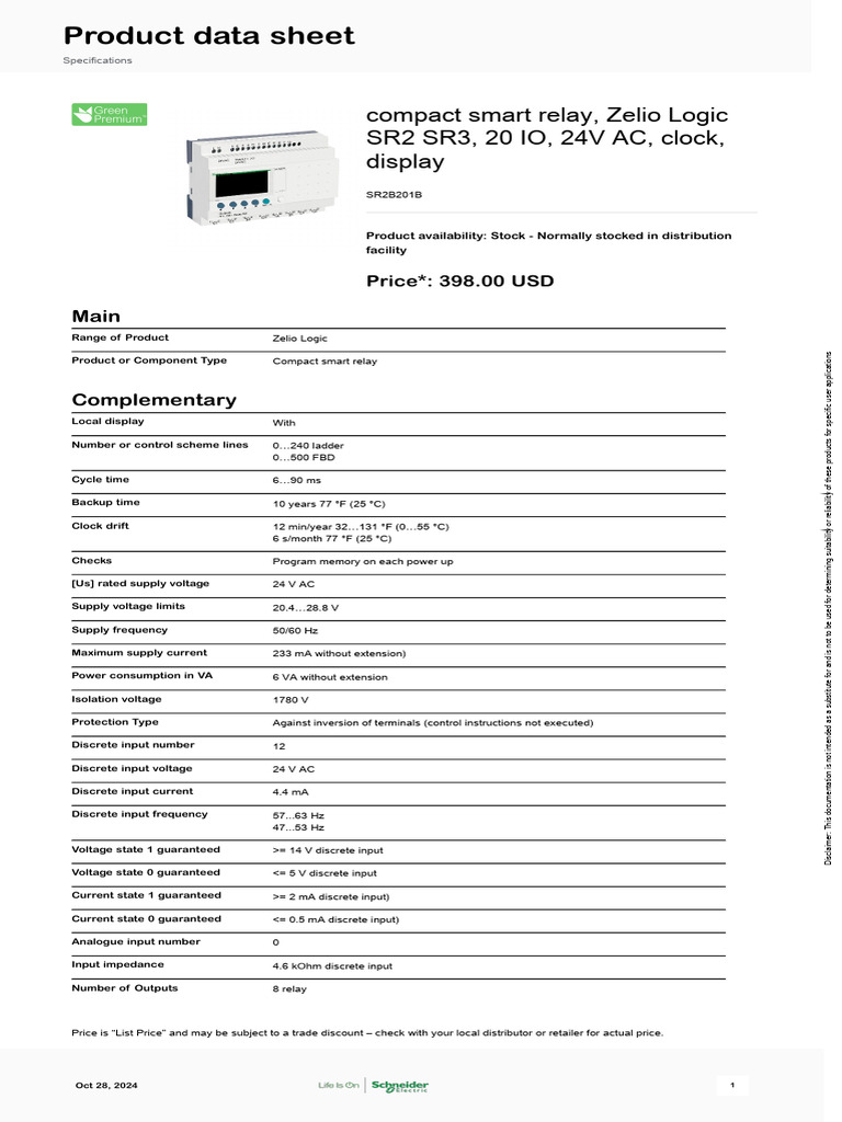 Zelio Logic SR2B201B Smart Relay | PDF | Relay | Alternating Current