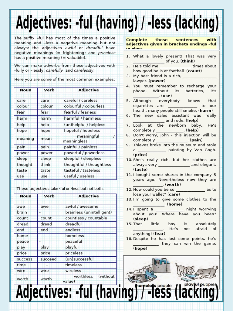 Adjectives with -ful and -less Suffixes | PDF | Adjective | Adverb