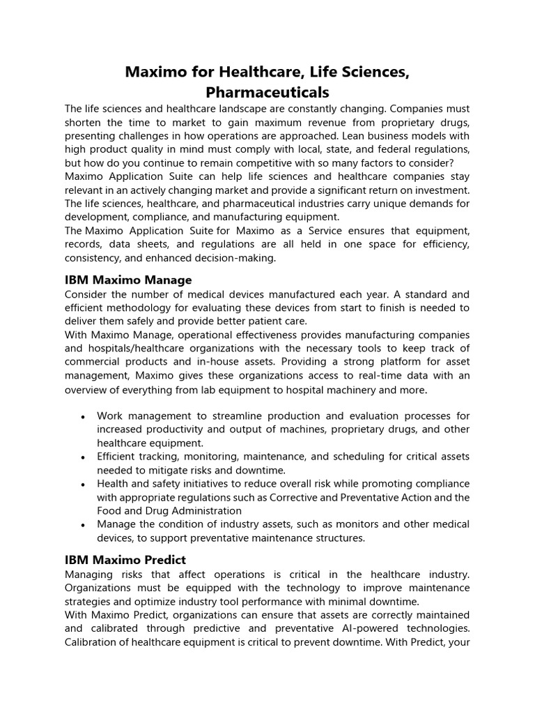 Maximo For Healthcare - Life Sciences - Pharmaceuticals Use Case | PDF ...