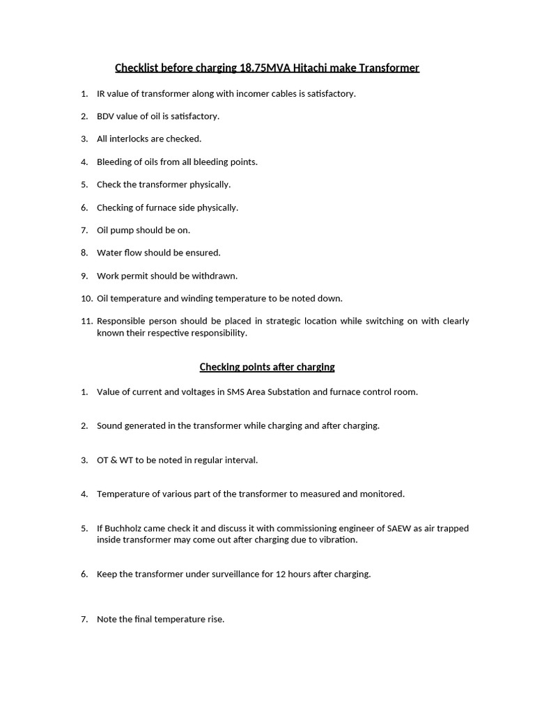 Transformer Charging Checklist: 18.75MVA | PDF | Transformer ...