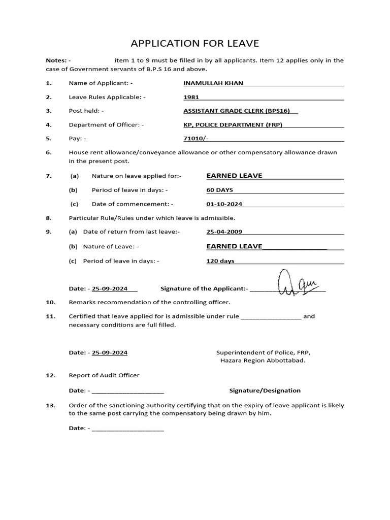 Leave Application Form Inam Ullah Khan Sab | PDF | Business | Law