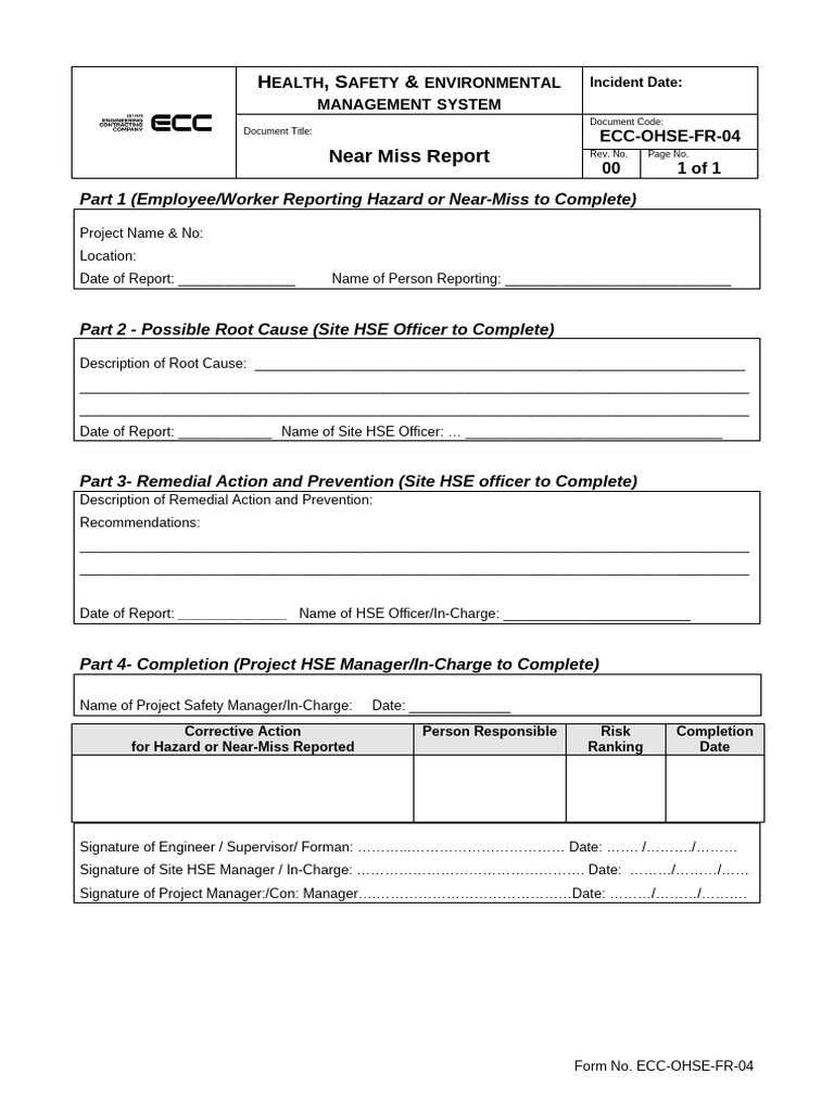 ECC OHSE FR 04 Near Miss Report Form | PDF | Technology & Engineering