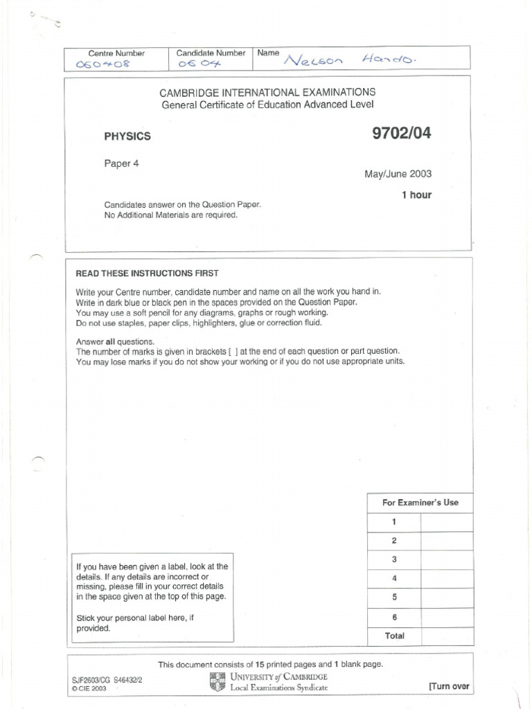 Paper 4 Physics Nov 2003 | PDF
