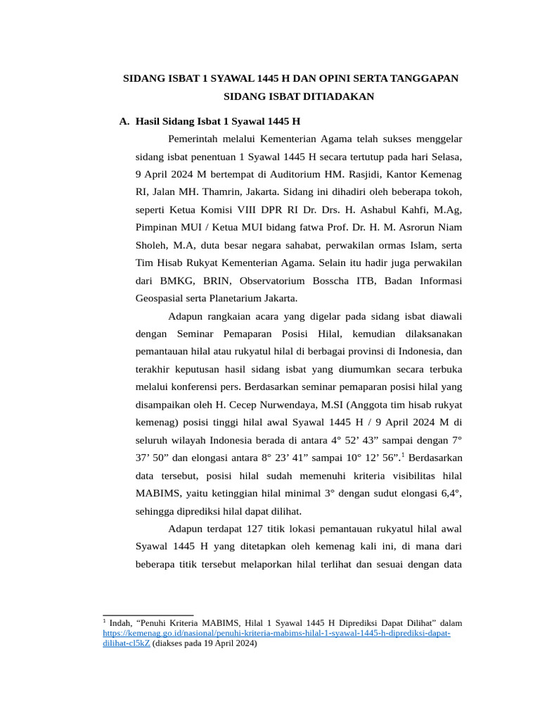 Sidang Isbat 1 Syawal 1445 H Ditetapkan | PDF