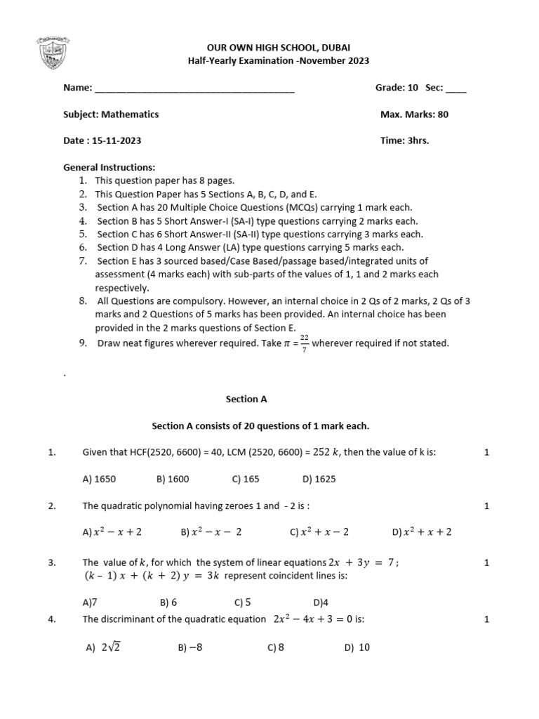 Half-Yearly Mathematics Exam 2023 | PDF | Circle | Geometry