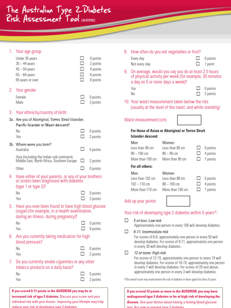 AUSDRISK Tool for Type 2 Diabetes Risk | PDF | Diabetes | Disorders Of ...